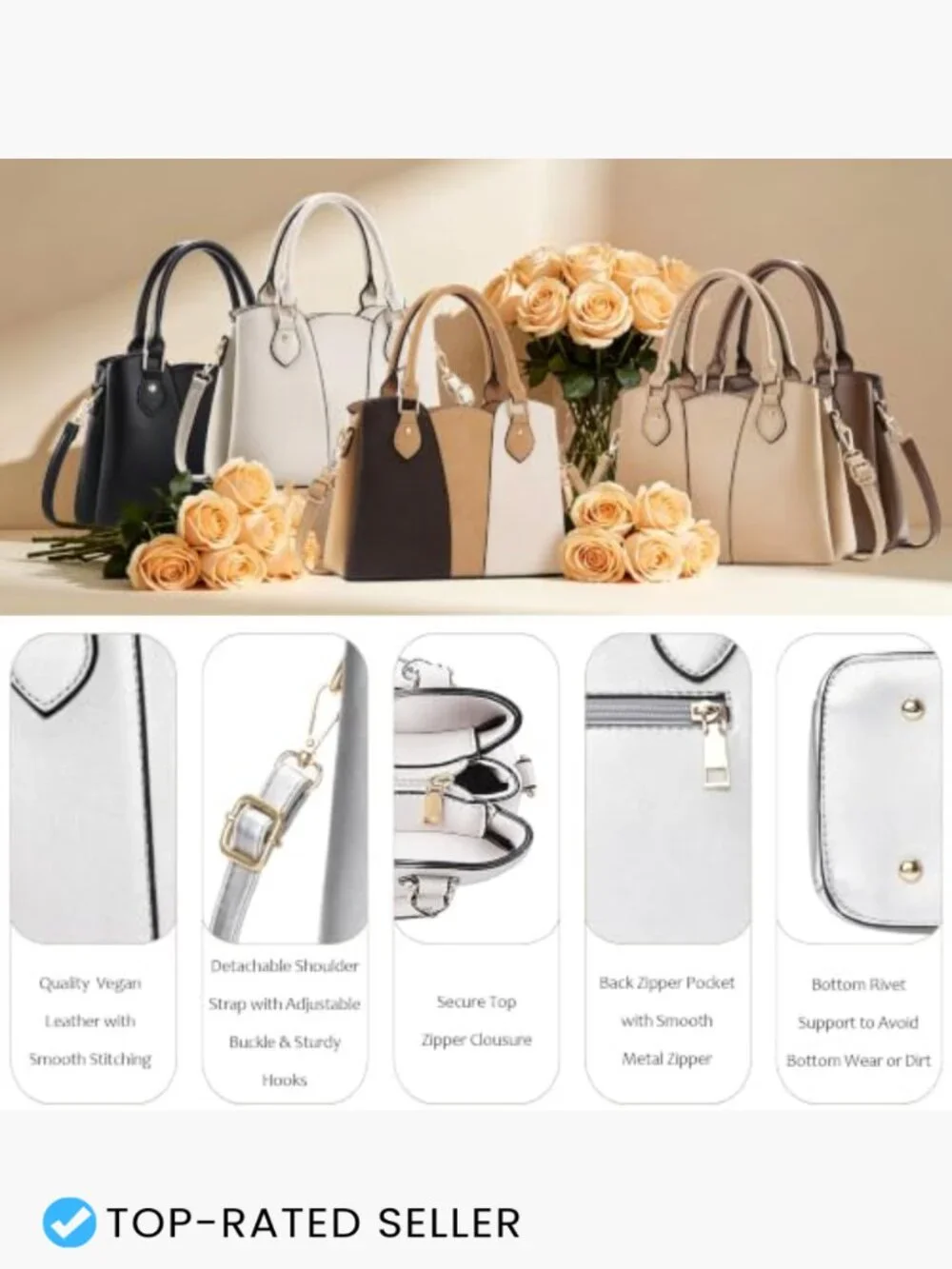 Vegan Leather Crossbody Purse Women's Tote Handbag Satchel Zippered Top Handle